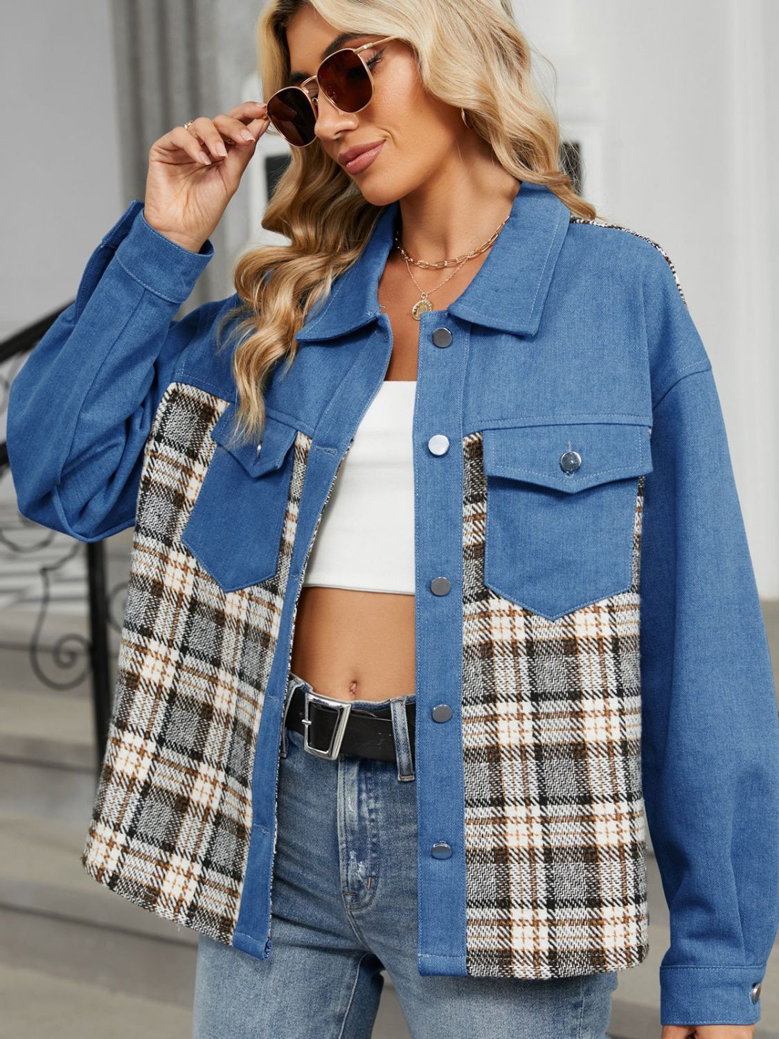 Plaid Button Up Long Sleeve Denim Jacket