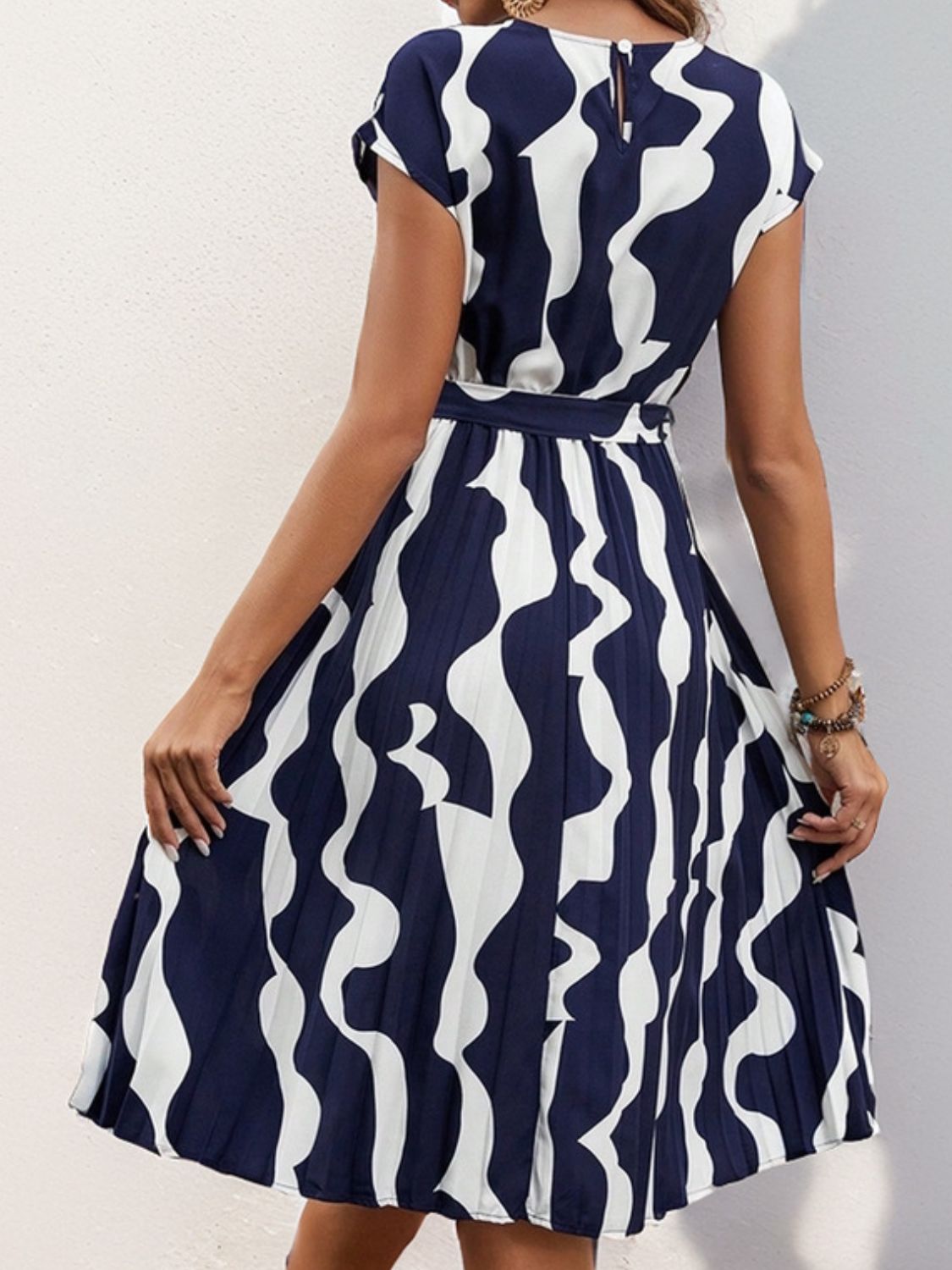 Perfee Tied Pleated Printed Cap Sleeve Dress