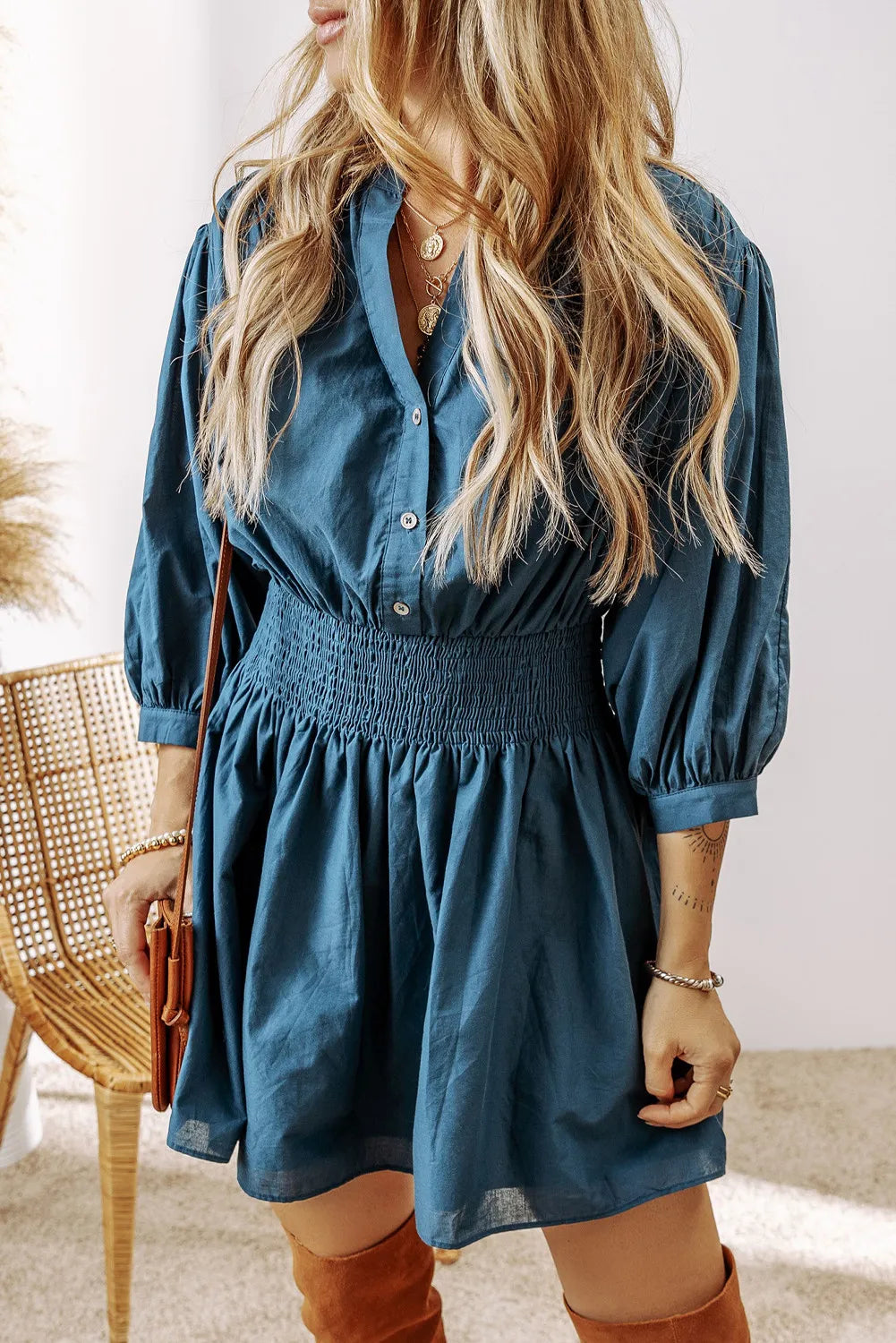 Smocked Half Button Three-Quarter Sleeve Mini Dress