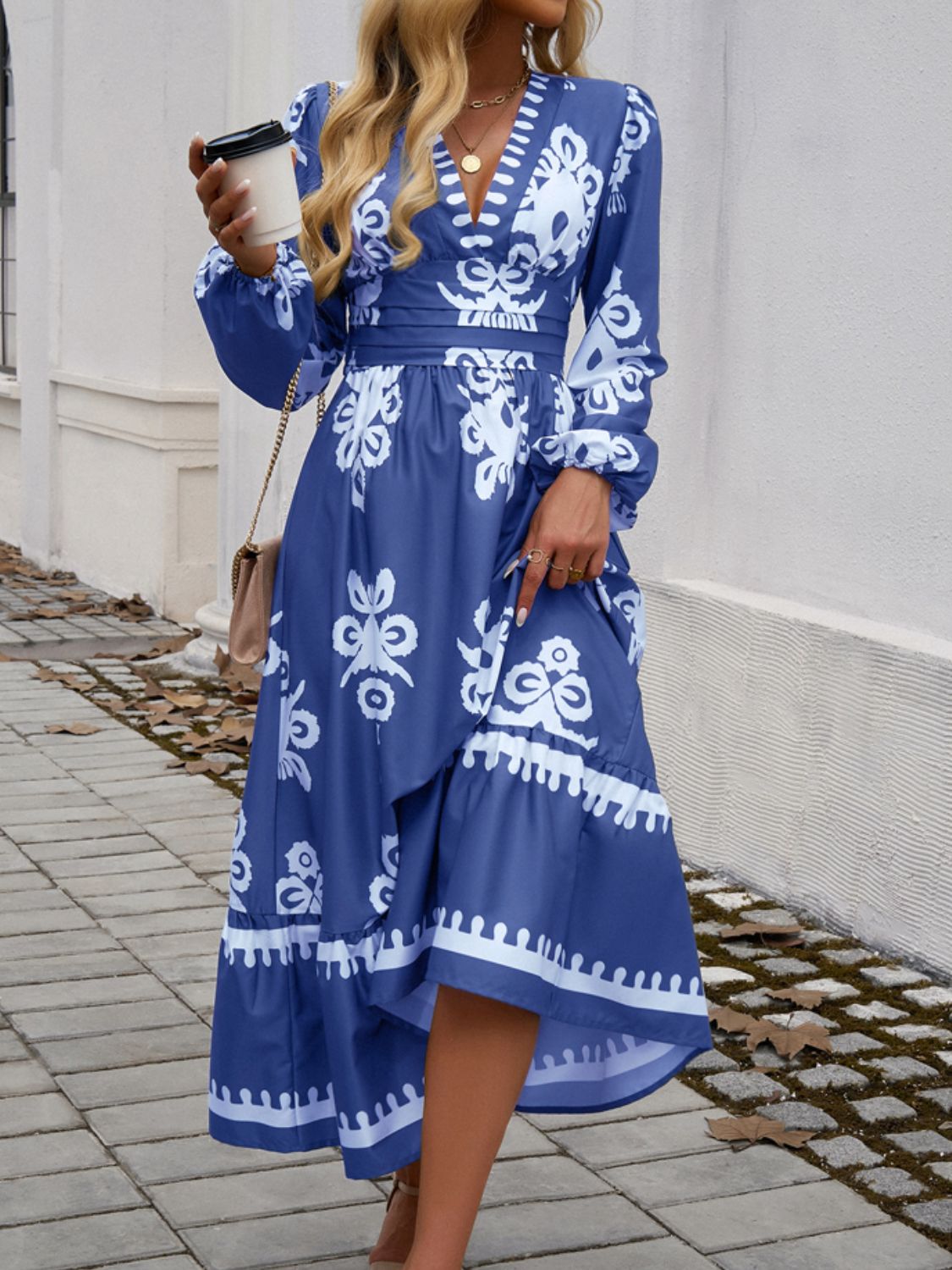 Devine Ruffled Printed Plunge Long Sleeve Dress