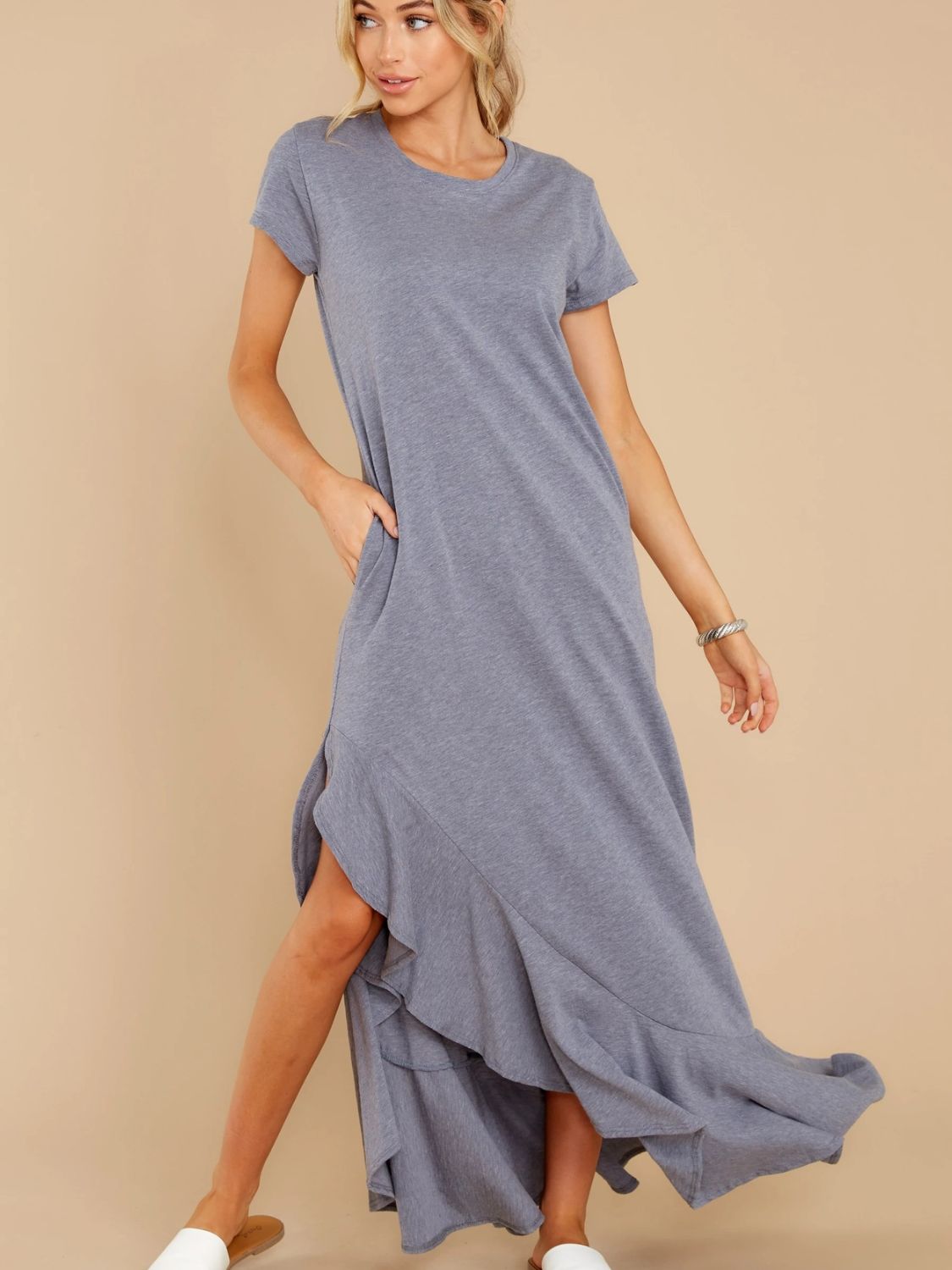 Slit Round Neck Short Sleeve Maxi Dress