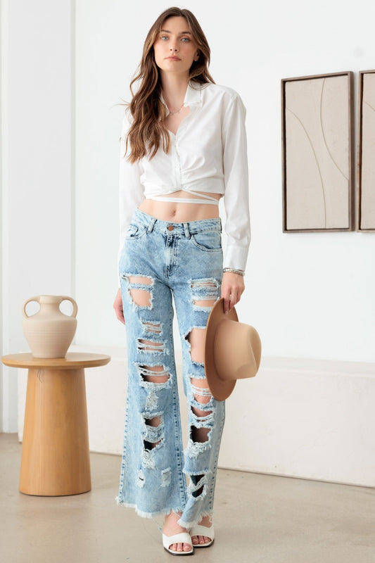 Litz La Distressed Frayed Hem Flare Jeans