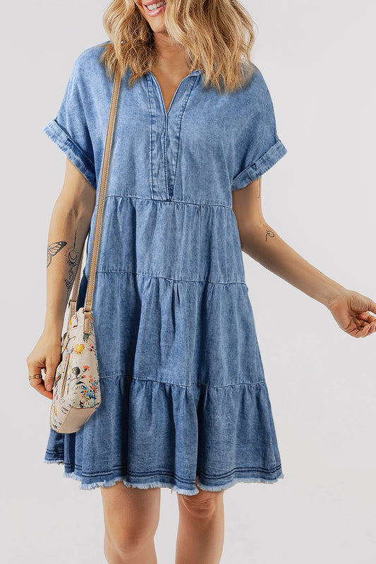 Raw Hem Collared Neck Short Sleeve Denim Dress