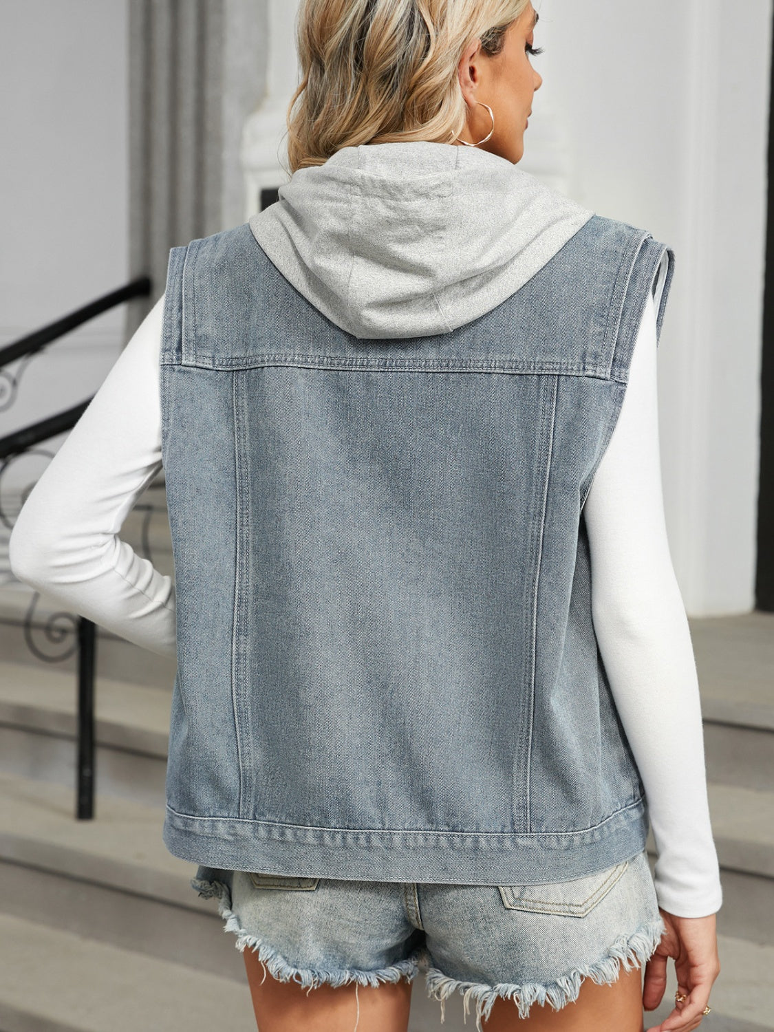 Pocketed Button Up Sleeveless Denim Jacket