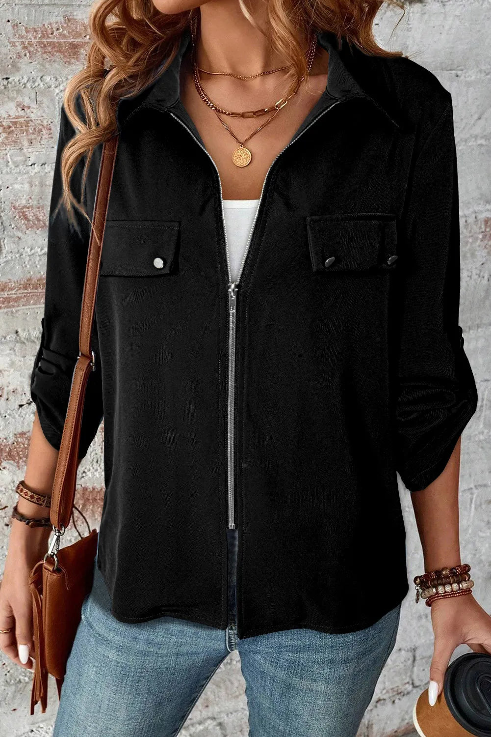 Pocketed Zip Up Collared Neck Long Sleeve Jacket