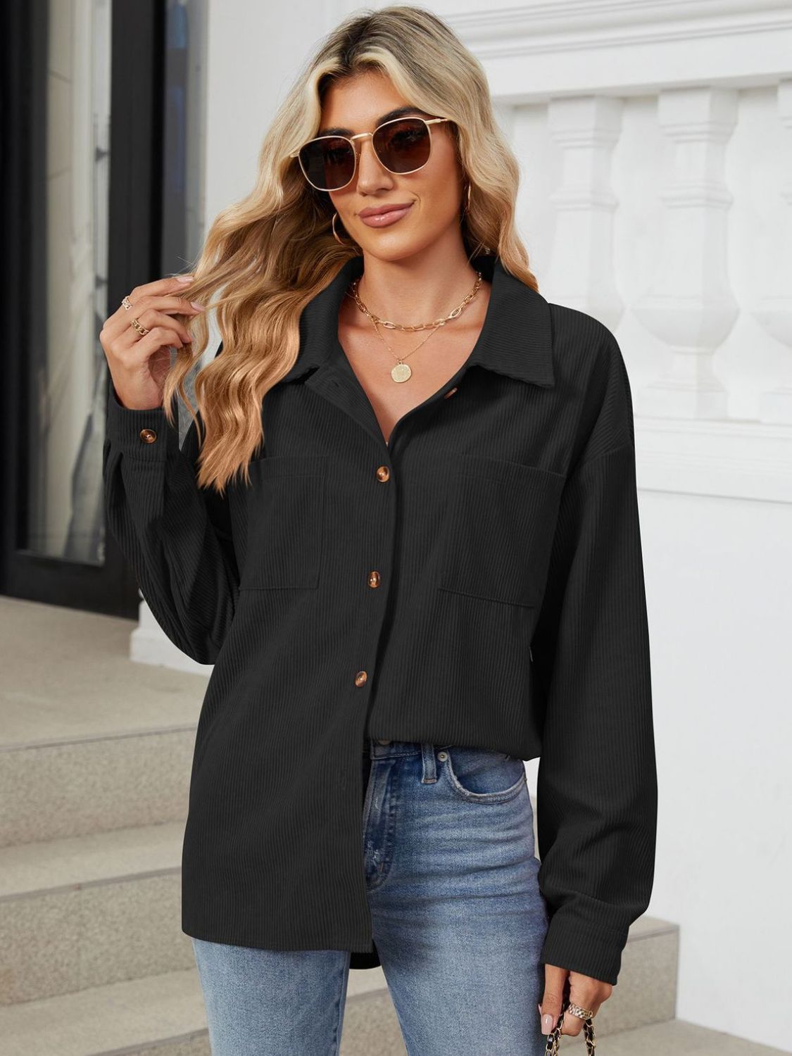 Button Up Dropped Shoulder Long Sleeve Outerwear