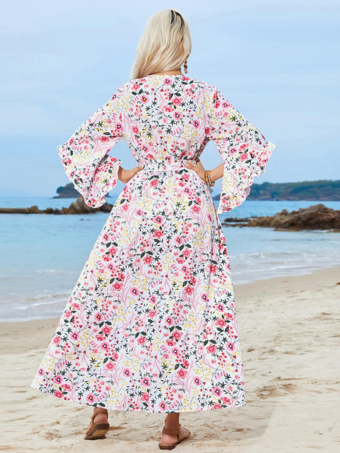 Tied Printed Three-Quarter Sleeve Midi Dress