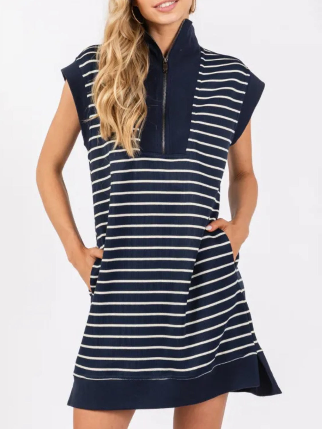 Full Size Pocketed Striped Quarter Zip Cap Sleeve Dress