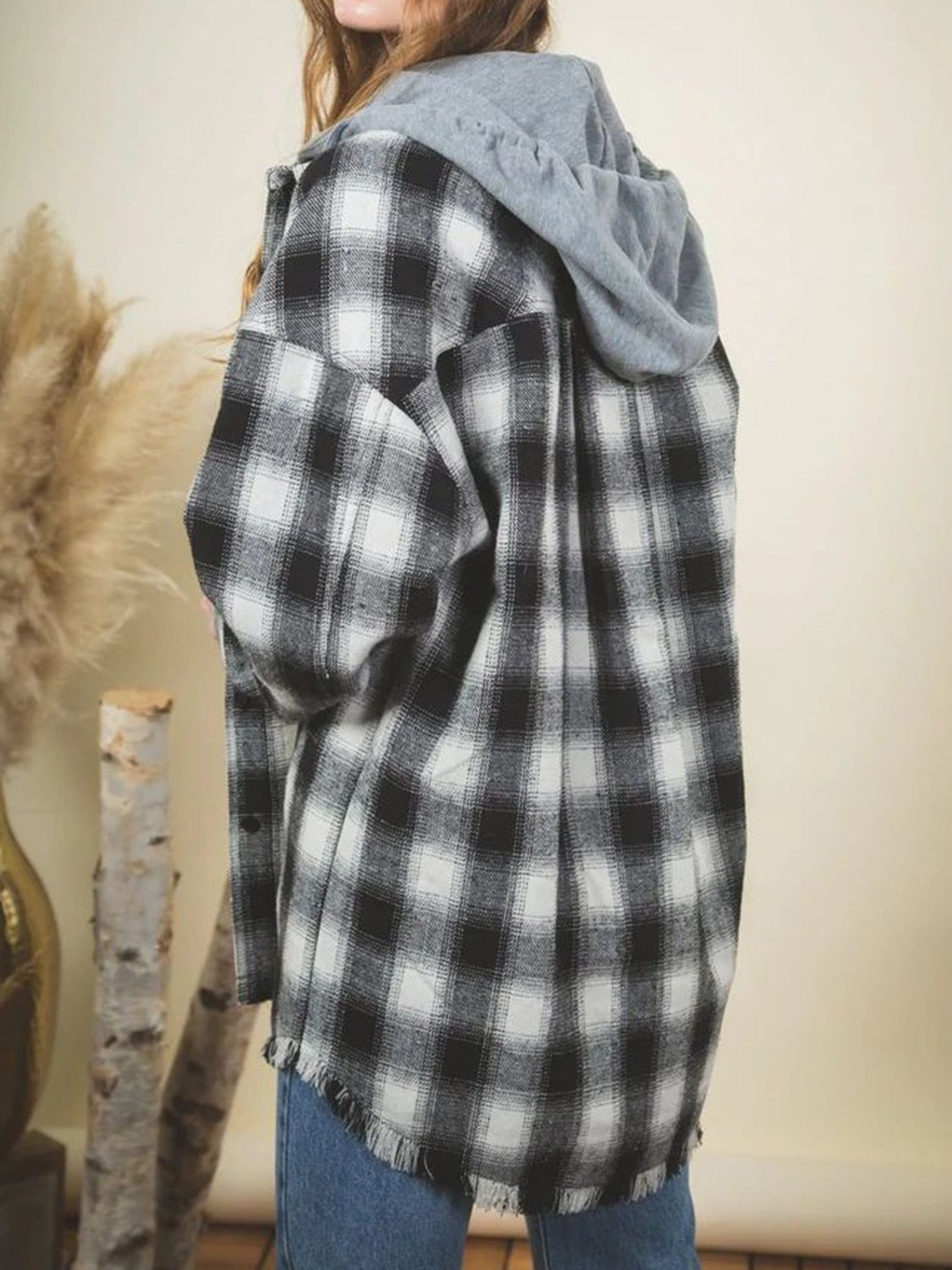 Raw Hem Plaid Long Sleeve Hooded Jacket