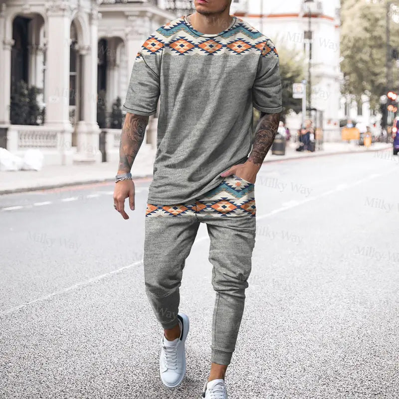 Men's Summer Tracksuit Stripe Print T-shirt Trousers Set