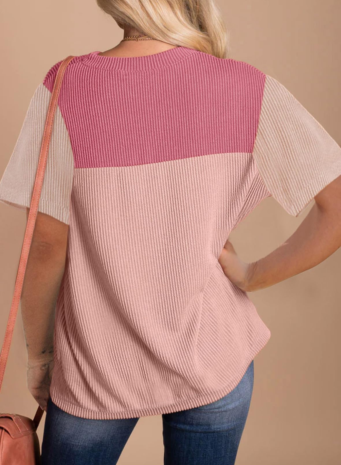 BLENCOT Women Tops Color Block Crewneck Casual Oversized Tshirts Knit Summer Tees Blouse S-2XL