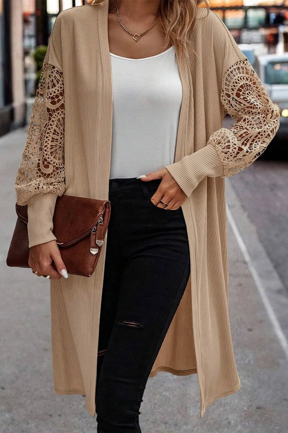 Open Front Lace Lantern Sleeve Cover-Up