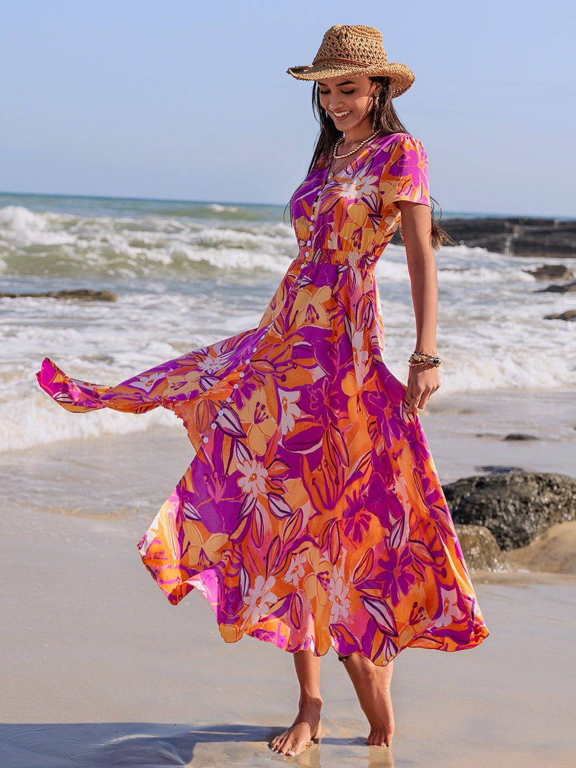 Printed V-Neck Short Sleeve Midi Dress