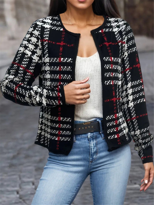 Plaid Open Front Long Sleeve Jacket