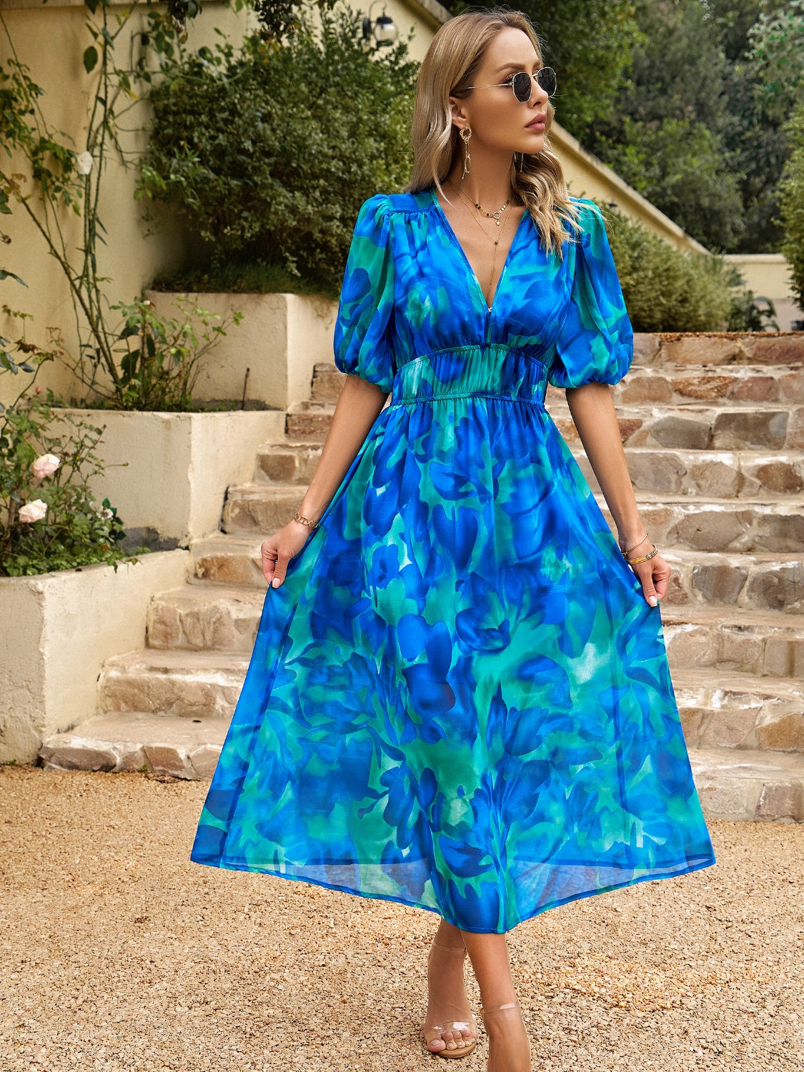 Devine Smocked Printed V-Neck Half Sleeve Midi Dress