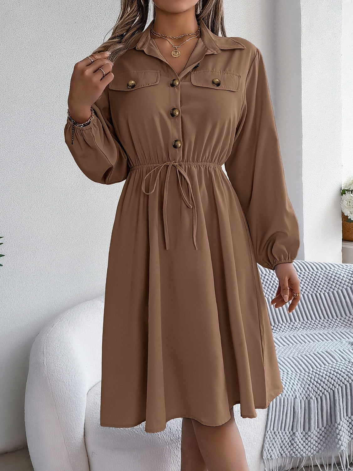 Collared Neck Long Sleeve Dress with Pockets