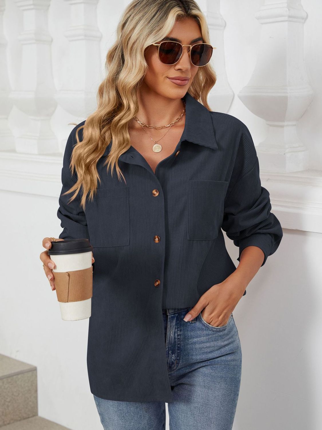 Button Up Dropped Shoulder Long Sleeve Outerwear