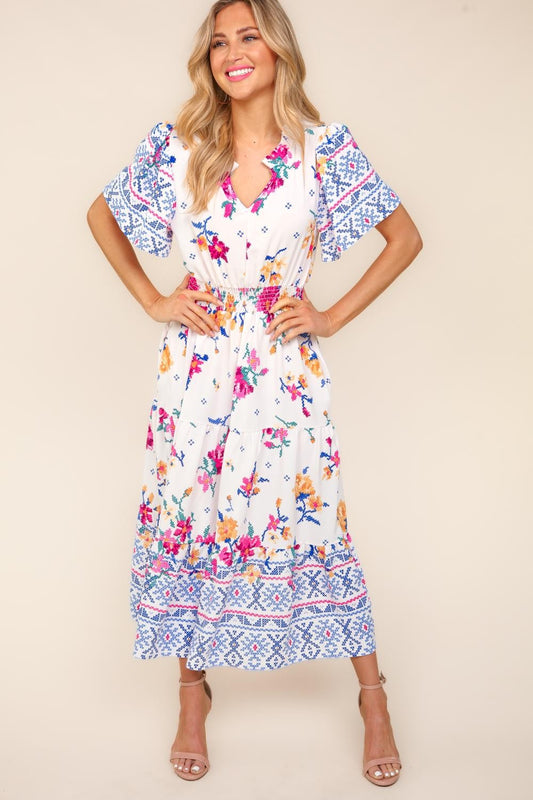 Haptics Printed Notched Short Sleeve Tiered Dress