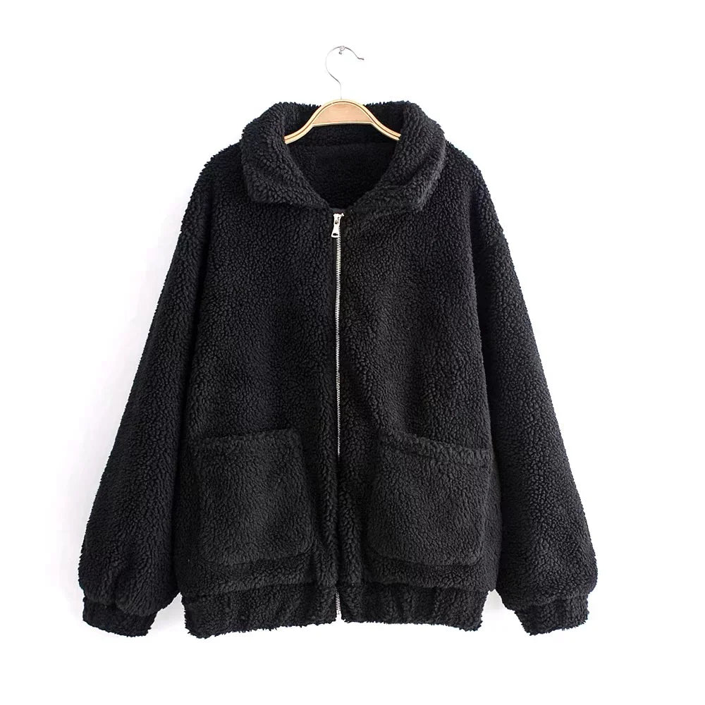 Winter warm lamb hair pocket cotton coat