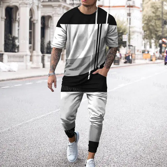 Men's Summer Tracksuit Stripe Print T-shirt Trousers Set