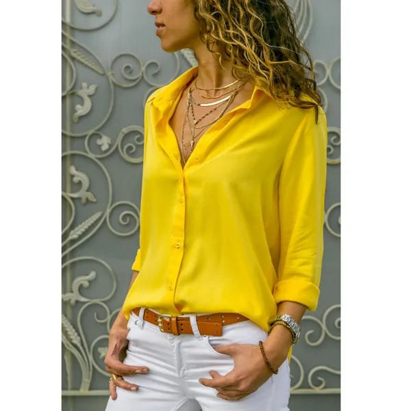 Summer Women's White Chiffon Blouse - Long Sleeve Button-Up