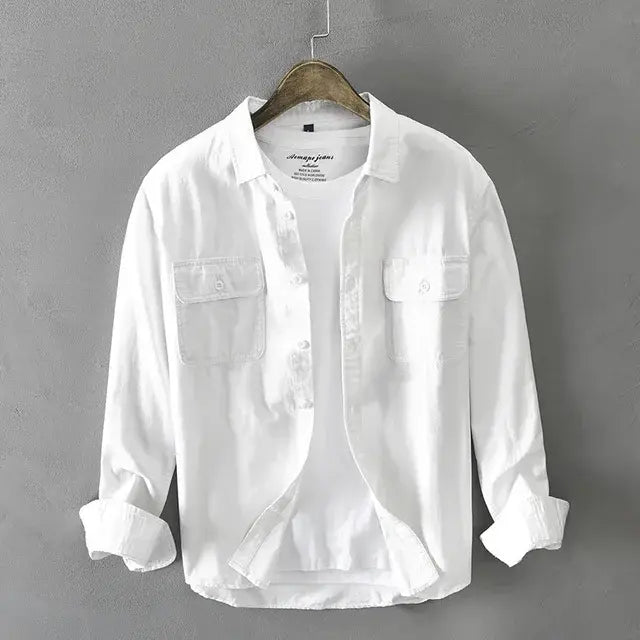 Spring and Autumn Long Sleeve Cargo White Shirt for Men Pure Cotton Retro Style Button Up Pocket White AZ102