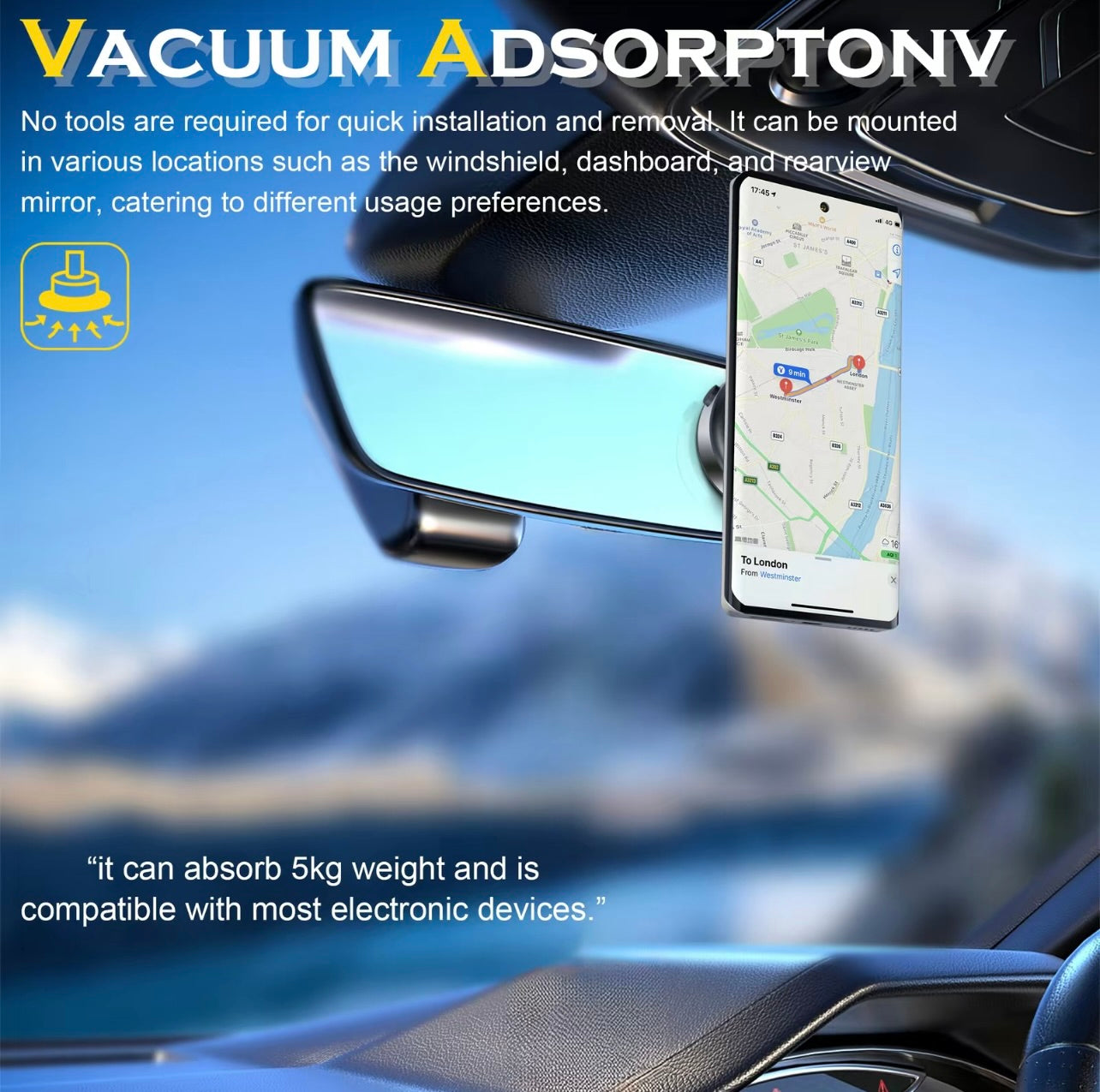 BAS 360° Rotatable Car Magnetic Phone Holder, Car Navigation Holder, Vacuum Adsorption & Magnetic Adsorption Double-sided, For Windshield and Dashboard, Kitchen, Bedroom, Ottice, Multifunctional Phone Accessories for iPhone & Android Smartphone