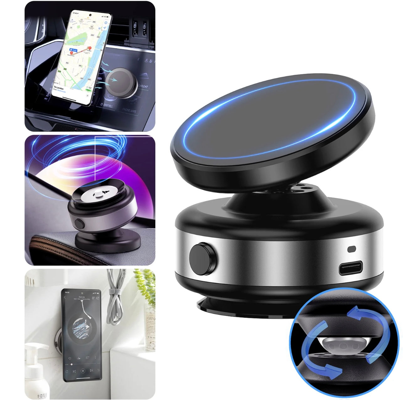 BAS 360° Rotatable Car Magnetic Phone Holder, Car Navigation Holder, Vacuum Adsorption & Magnetic Adsorption Double-sided, For Windshield and Dashboard, Kitchen, Bedroom, Ottice, Multifunctional Phone Accessories for iPhone & Android Smartphone