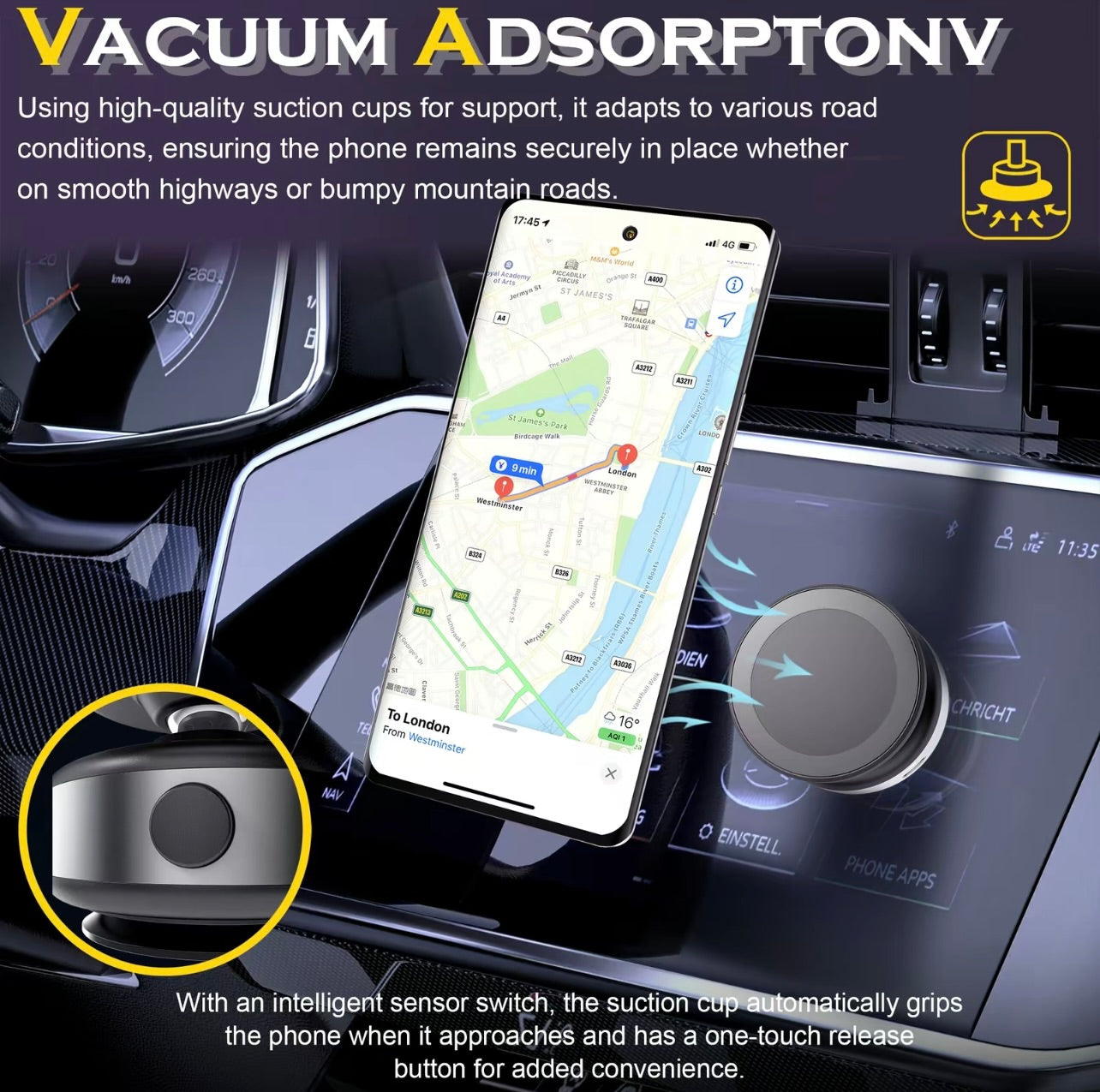 BAS 360° Rotatable Car Magnetic Phone Holder, Car Navigation Holder, Vacuum Adsorption & Magnetic Adsorption Double-sided, For Windshield and Dashboard, Kitchen, Bedroom, Ottice, Multifunctional Phone Accessories for iPhone & Android Smartphone