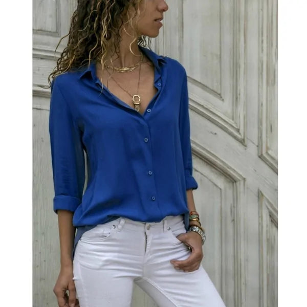 Summer Women's White Chiffon Blouse - Long Sleeve Button-Up