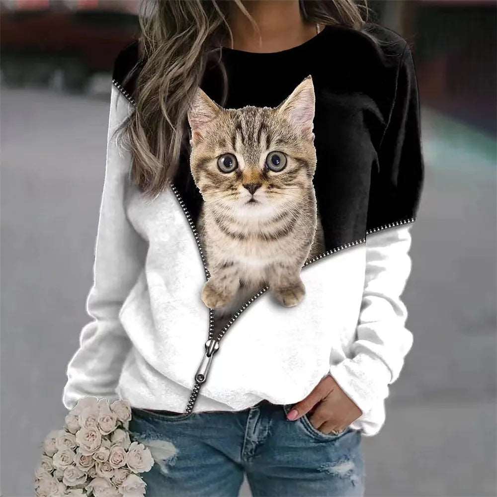 2024 Women's T-shirts Cotton Pullover Long Sleevefemale Cat Graphic 3d Print T Shirt Street Fashion Oversized Clothes Sweatshirt