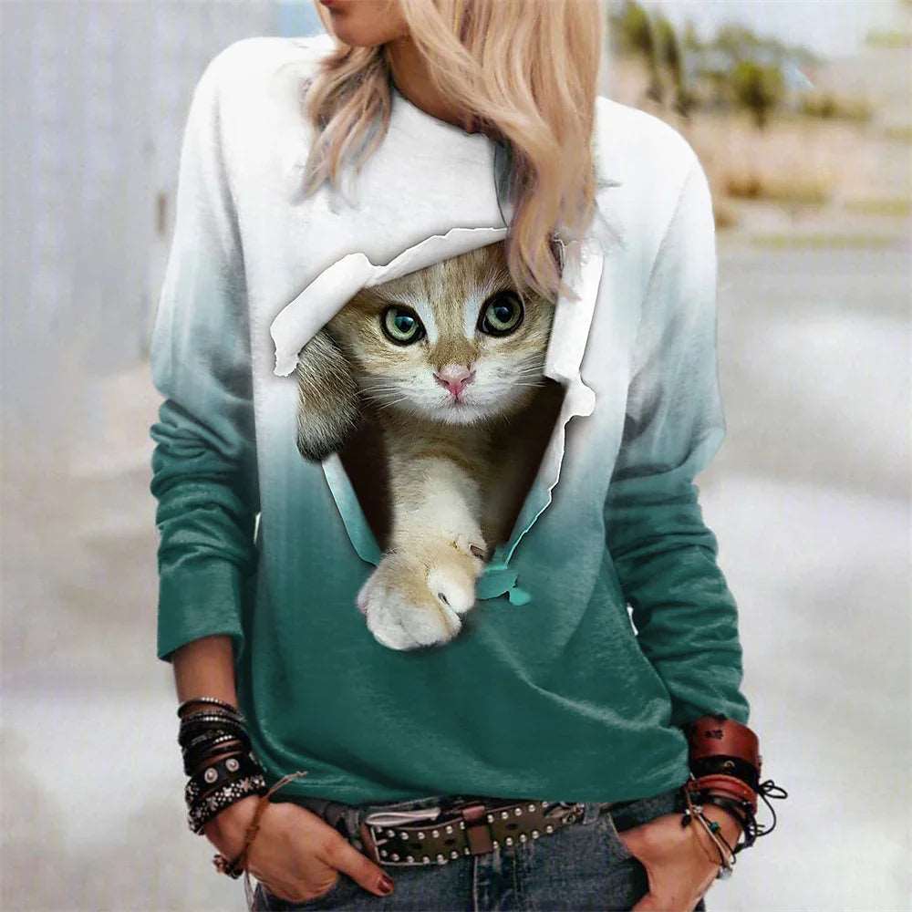 2024 Women's T-shirts Cotton Pullover Long Sleevefemale Cat Graphic 3d Print T Shirt Street Fashion Oversized Clothes Sweatshirt