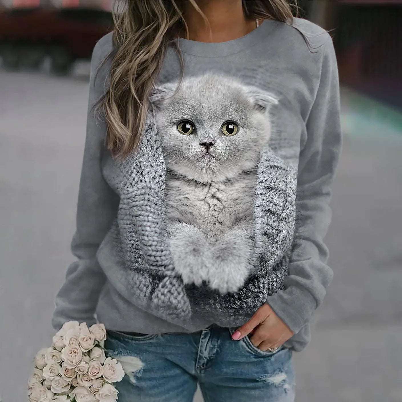 2024 Women's T-shirts Cotton Pullover Long Sleevefemale Cat Graphic 3d Print T Shirt Street Fashion Oversized Clothes Sweatshirt