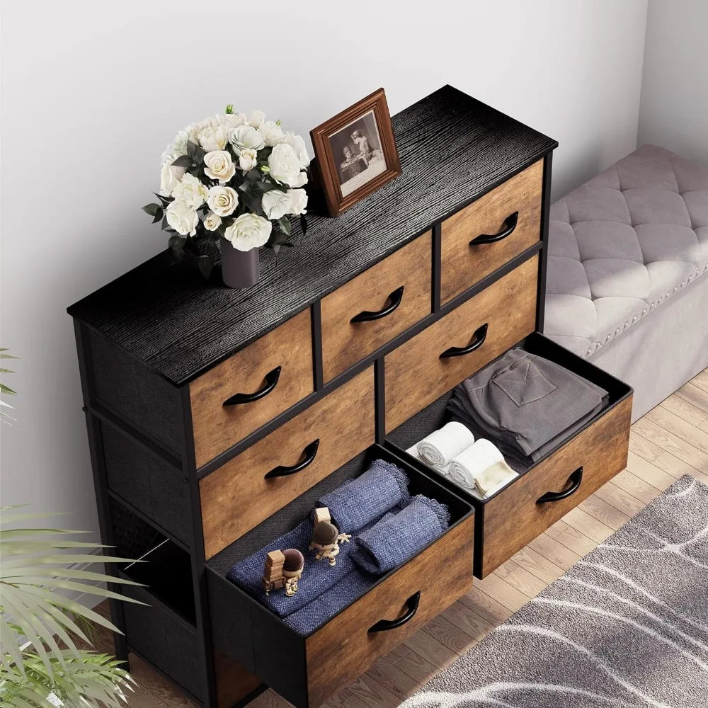 Bedroom dressing table with 9 drawers - fabric storage tower, living room high chest organizer 39.4"D x 11.8"W x 39.4"H