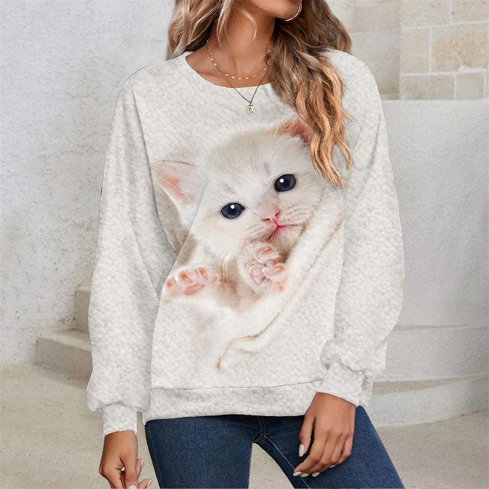 2024 Women's T-shirts Cotton Pullover Long Sleevefemale Cat Graphic 3d Print T Shirt Street Fashion Oversized Clothes Sweatshirt