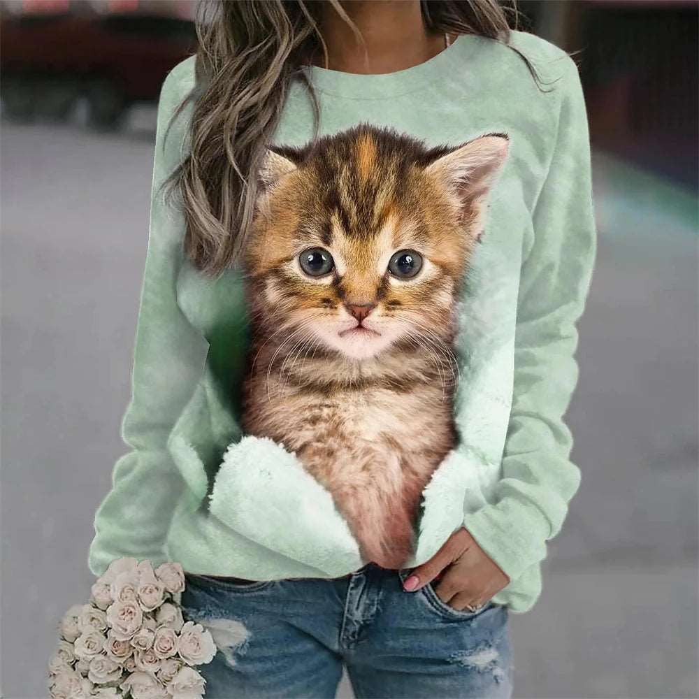 2024 Women's T-shirts Cotton Pullover Long Sleevefemale Cat Graphic 3d Print T Shirt Street Fashion Oversized Clothes Sweatshirt