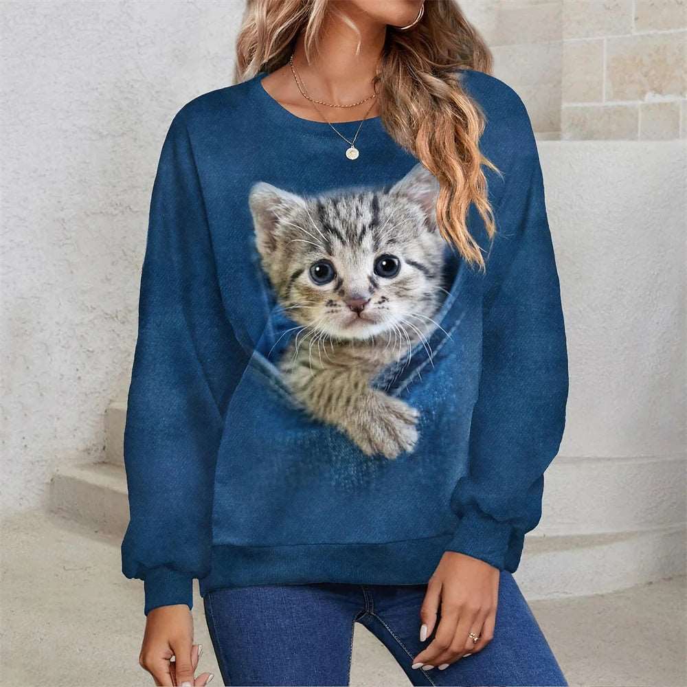 2024 Women's T-shirts Cotton Pullover Long Sleevefemale Cat Graphic 3d Print T Shirt Street Fashion Oversized Clothes Sweatshirt