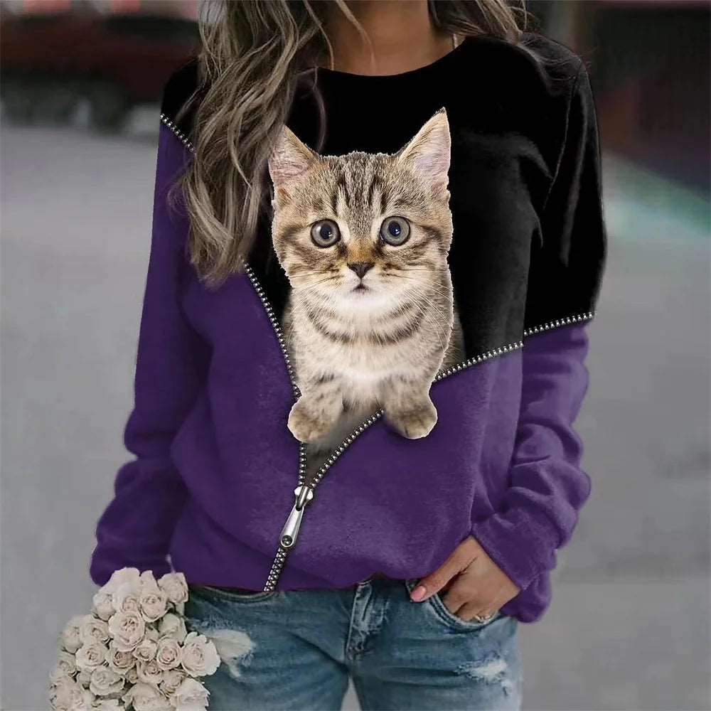 2024 Women's T-shirts Cotton Pullover Long Sleevefemale Cat Graphic 3d Print T Shirt Street Fashion Oversized Clothes Sweatshirt