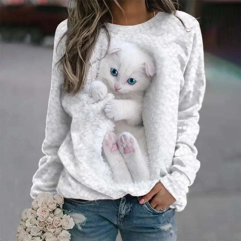 2024 Women's T-shirts Cotton Pullover Long Sleevefemale Cat Graphic 3d Print T Shirt Street Fashion Oversized Clothes Sweatshirt