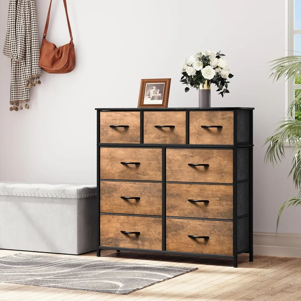 Bedroom dressing table with 9 drawers - fabric storage tower, living room high chest organizer 39.4"D x 11.8"W x 39.4"H