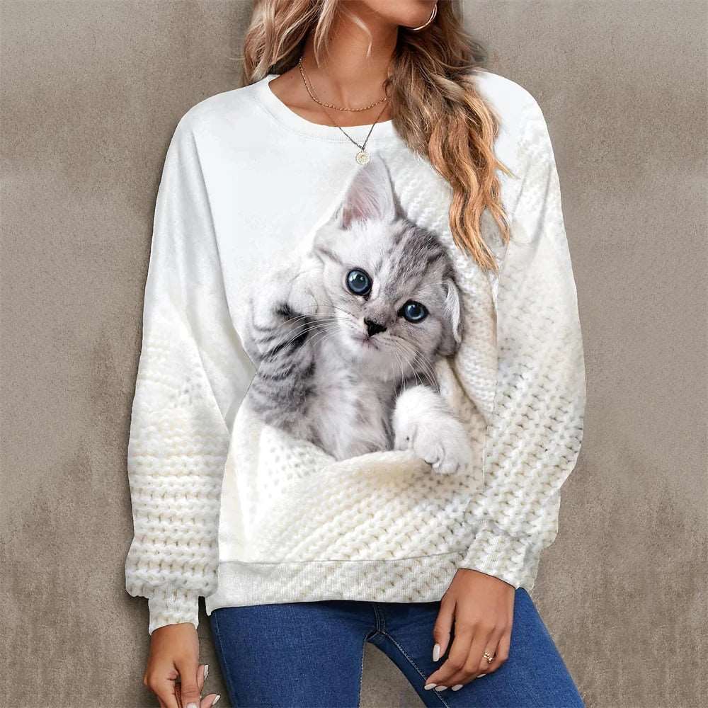 2024 Women's T-shirts Cotton Pullover Long Sleevefemale Cat Graphic 3d Print T Shirt Street Fashion Oversized Clothes Sweatshirt