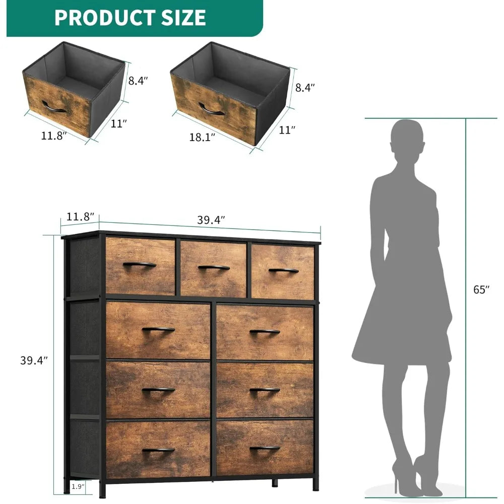 Bedroom dressing table with 9 drawers - fabric storage tower, living room high chest organizer 39.4"D x 11.8"W x 39.4"H