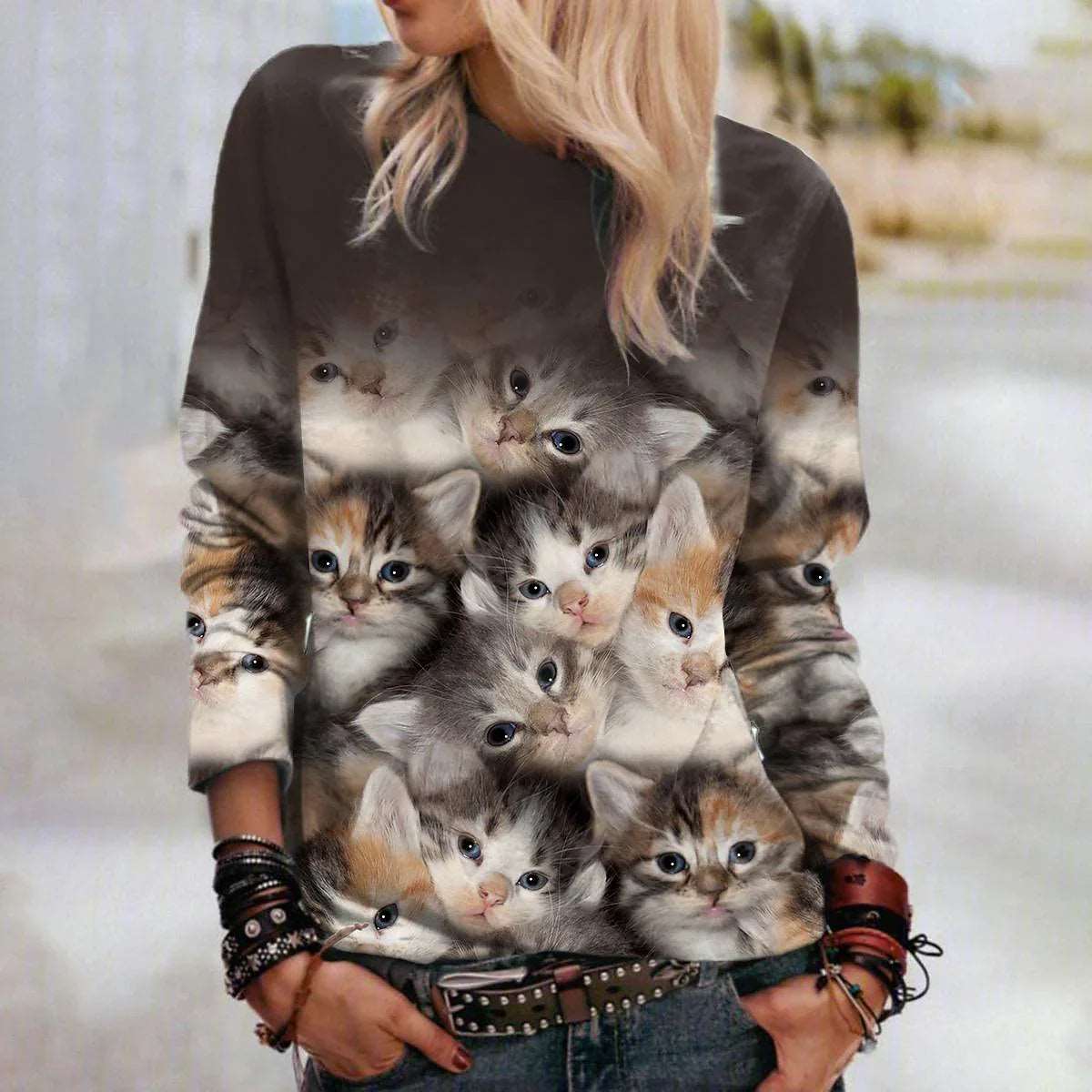 2024 Women's T-shirts Cotton Pullover Long Sleevefemale Cat Graphic 3d Print T Shirt Street Fashion Oversized Clothes Sweatshirt