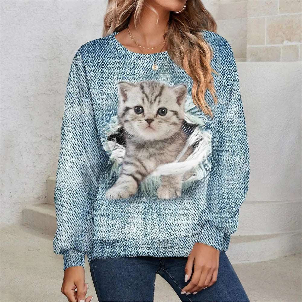 2024 Women's T-shirts Cotton Pullover Long Sleevefemale Cat Graphic 3d Print T Shirt Street Fashion Oversized Clothes Sweatshirt