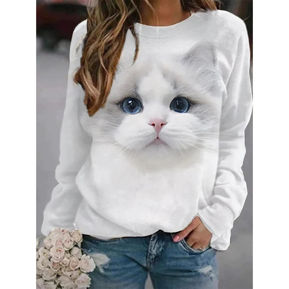 2024 Women's T-shirts Cotton Pullover Long Sleevefemale Cat Graphic 3d Print T Shirt Street Fashion Oversized Clothes Sweatshirt