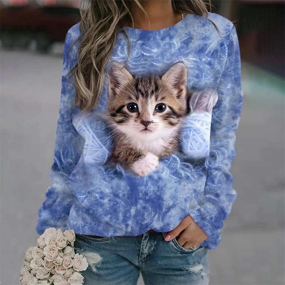 2024 Women's T-shirts Cotton Pullover Long Sleevefemale Cat Graphic 3d Print T Shirt Street Fashion Oversized Clothes Sweatshirt