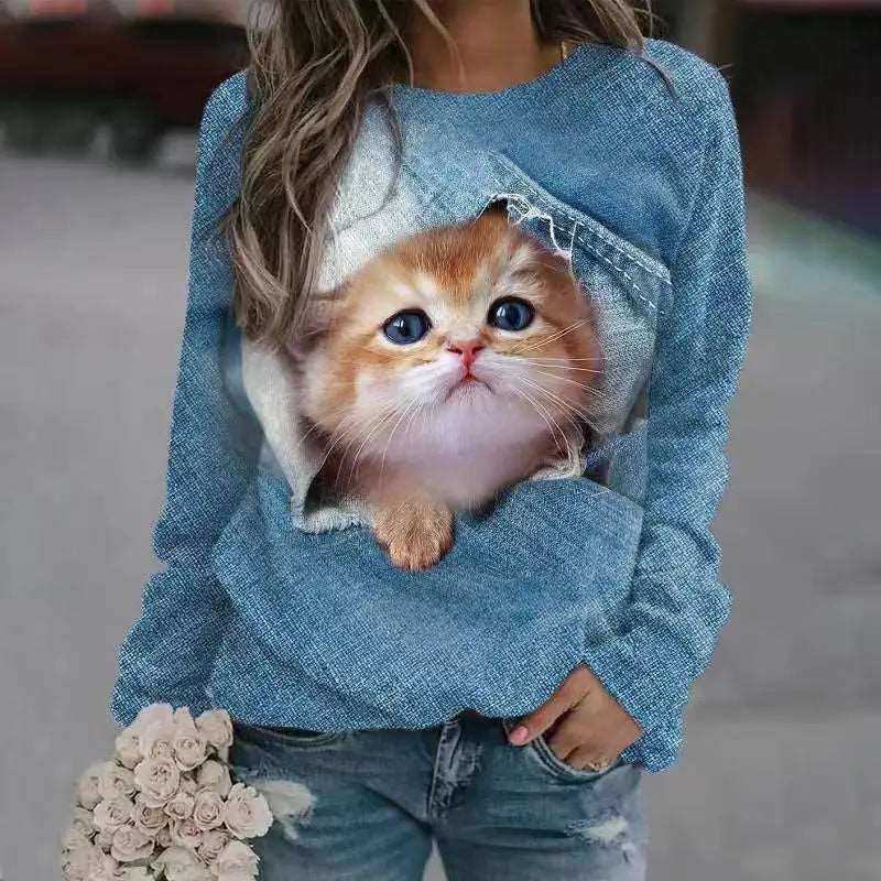 2024 Women's T-shirts Cotton Pullover Long Sleevefemale Cat Graphic 3d Print T Shirt Street Fashion Oversized Clothes Sweatshirt