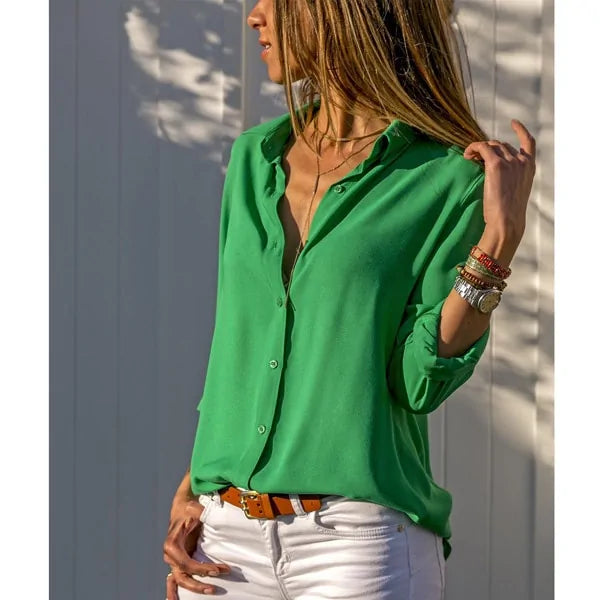 Summer Women's White Chiffon Blouse - Long Sleeve Button-Up