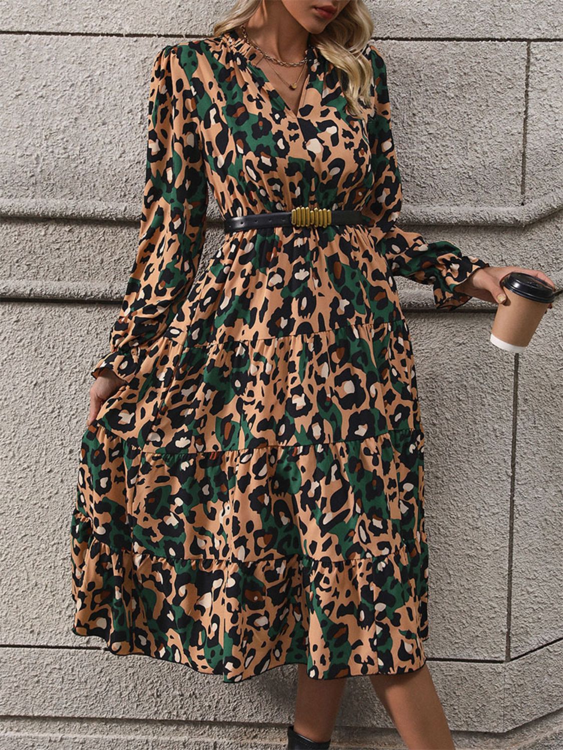 Perfee Leopard Notched Flounce Sleeve Midi Dress