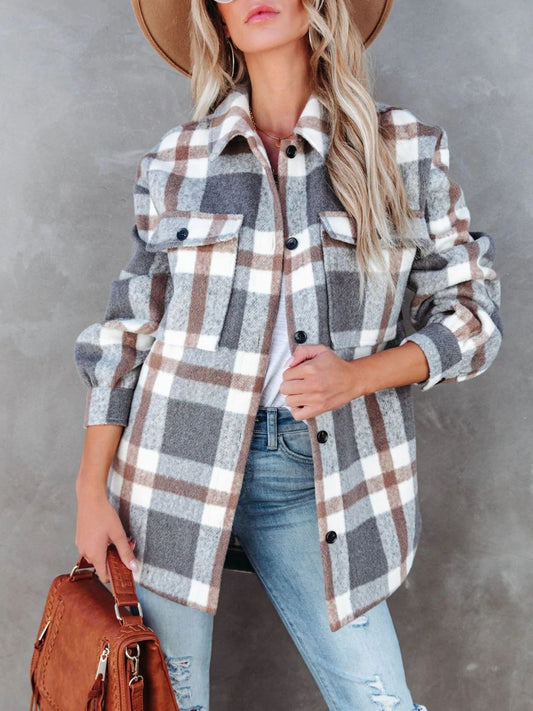 Plaid Collared Neck Long Sleeve Jacket